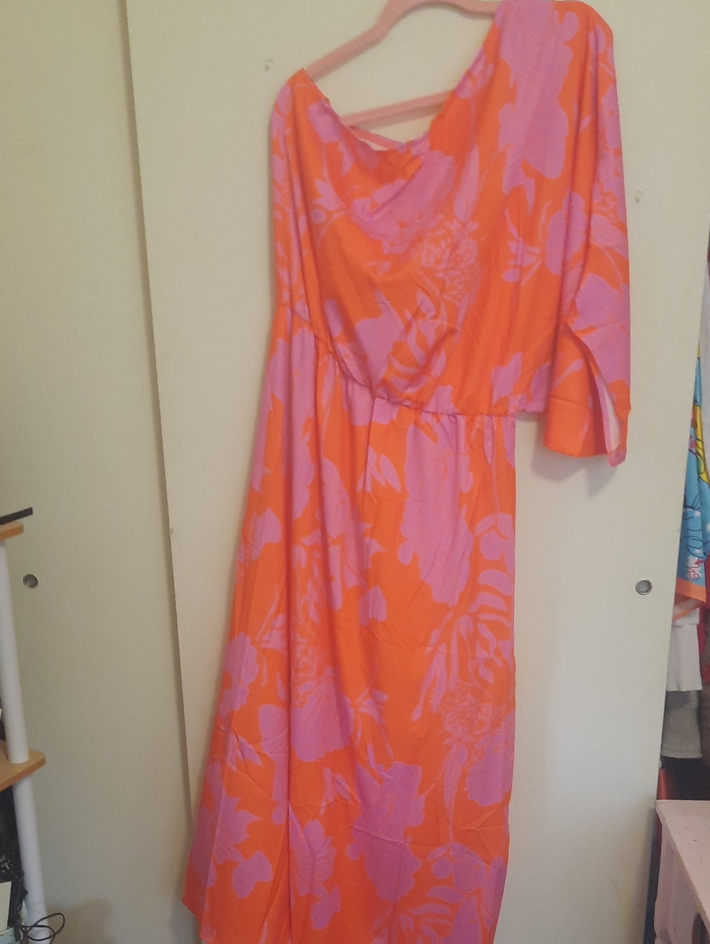 Women's Orange and Pink Floral One-Shoulder Dress